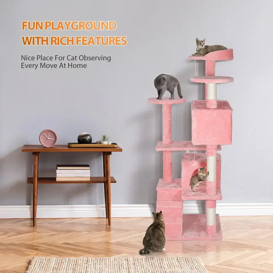 For 55'' Kitty Cat Tree Pink Cat Condo Tower