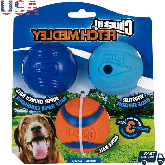 Rubber Dog Toy Fetch Medley Ball Set Pack of 3 Crunch Ultra Whistler Balls