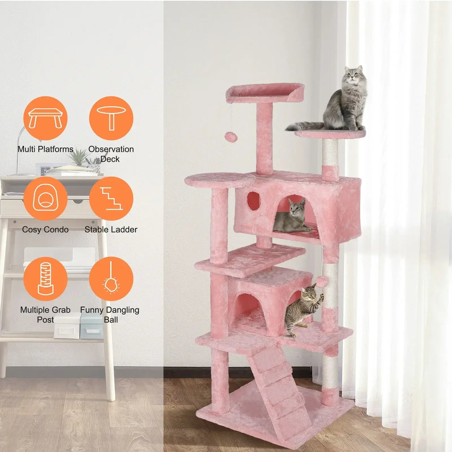 For 55'' Kitty Cat Tree Pink Cat Condo Tower