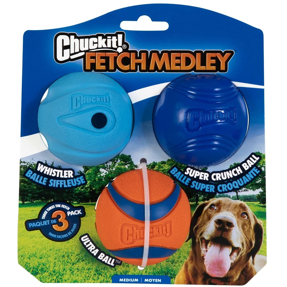 Rubber Dog Toy Fetch Medley Ball Set Pack of 3 Crunch Ultra Whistler Balls