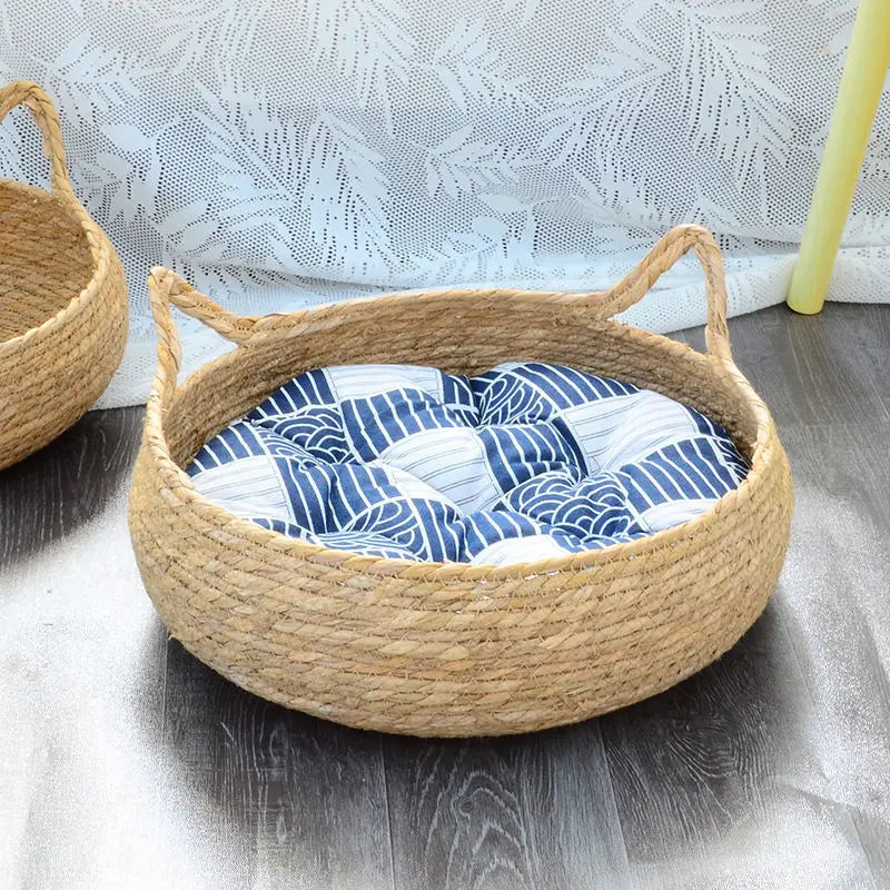 OUZEY Rattan Weaving Cat Basket Pet