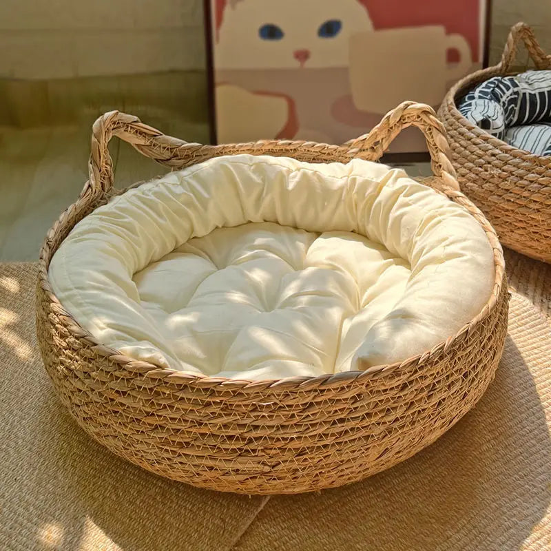 OUZEY Rattan Weaving Cat Basket Pet