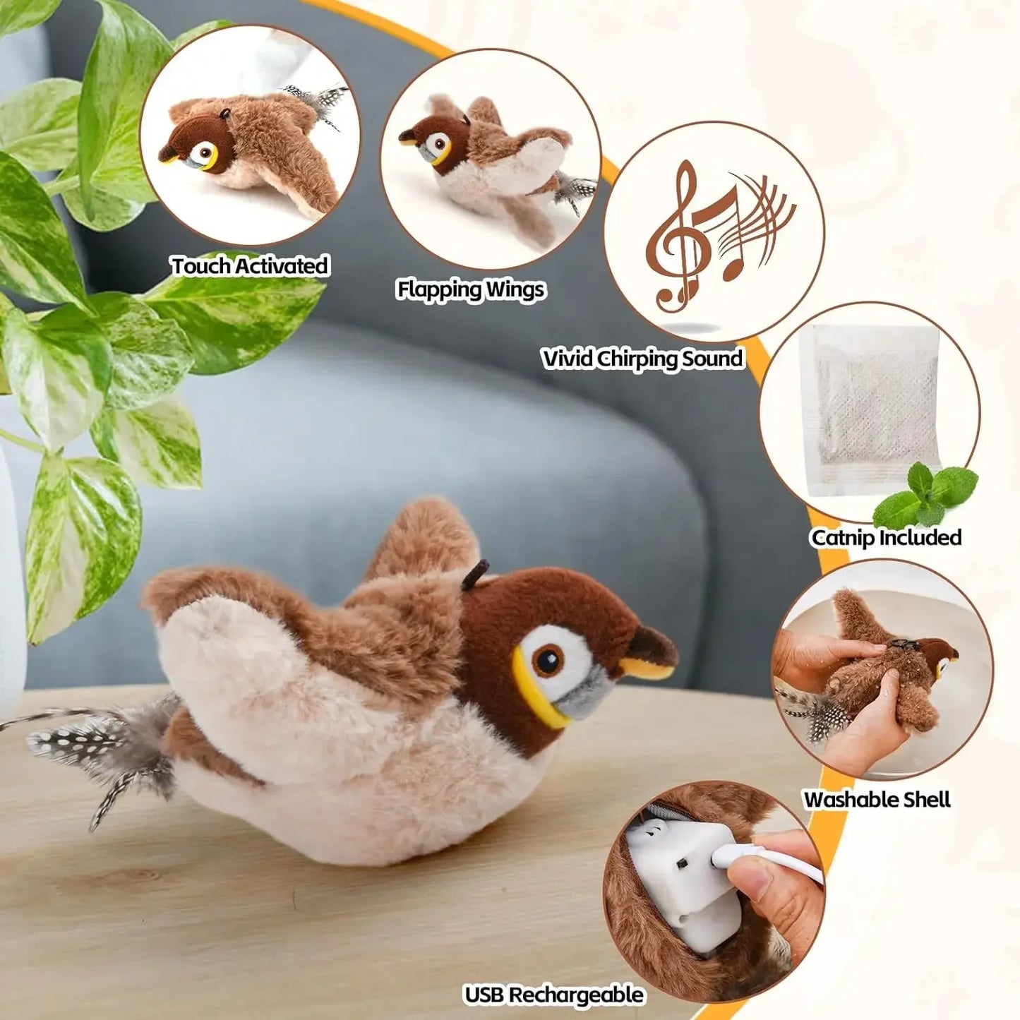 Interactive Cat Dogs Toys Rechargeable Chirping Flapping Bird