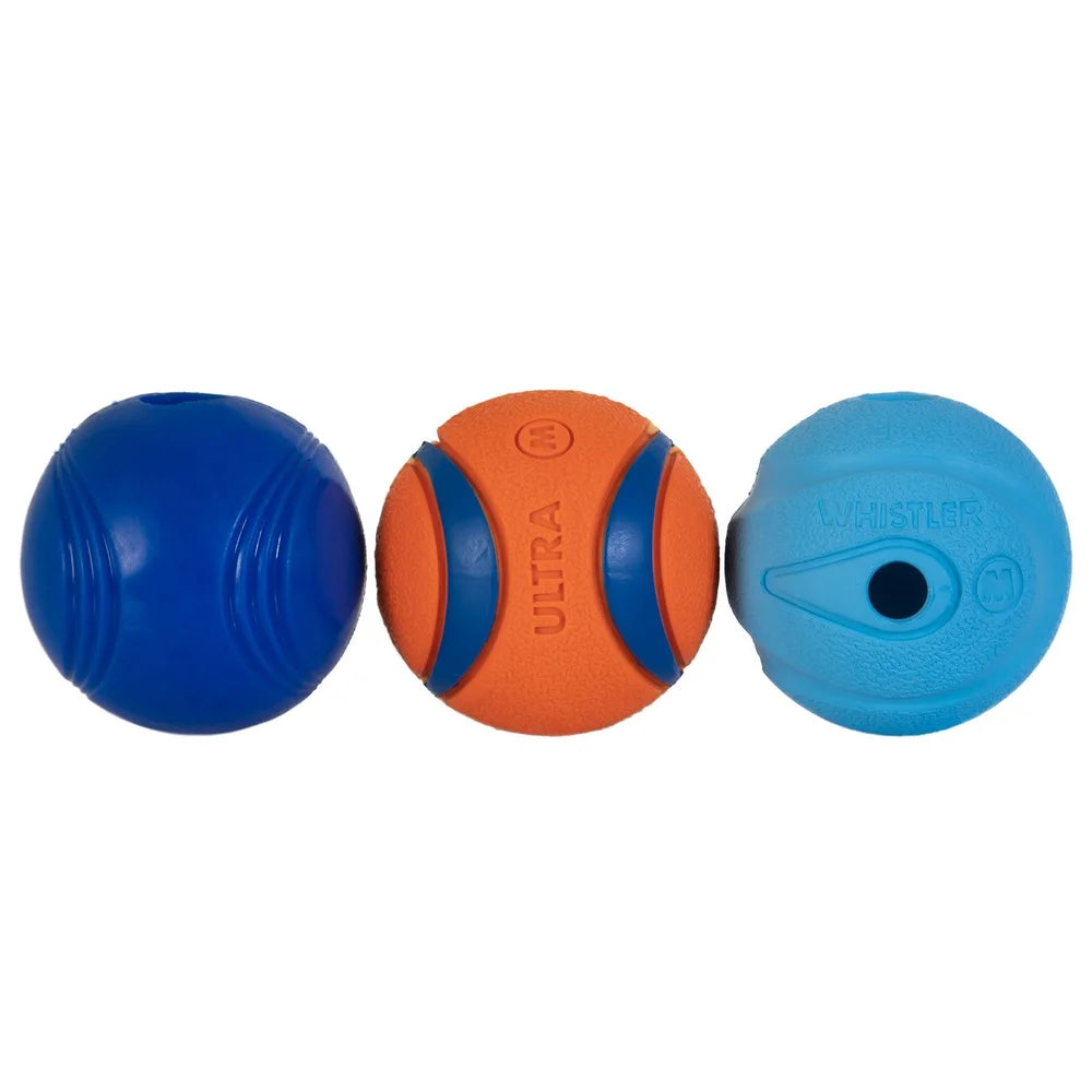 Rubber Dog Toy Fetch Medley Ball Set Pack of 3 Crunch Ultra Whistler Balls