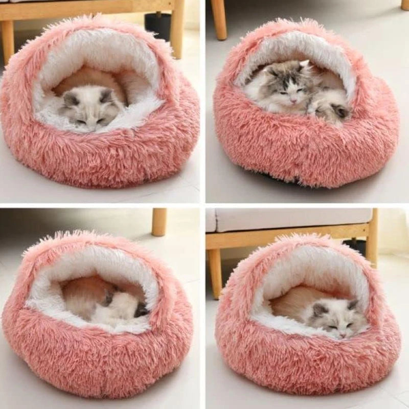 Cat Bed Round Fluffy Hooded Cat Bed