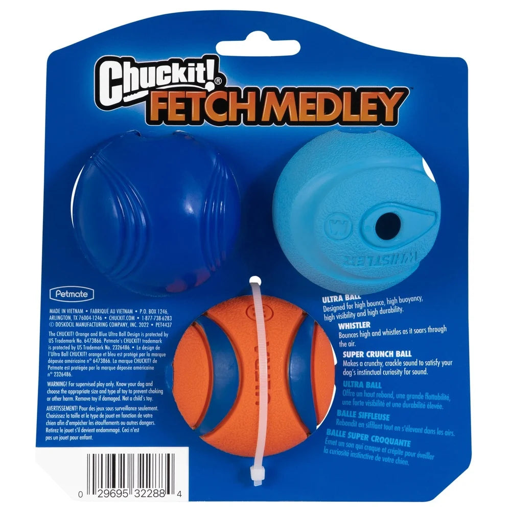 Rubber Dog Toy Fetch Medley Ball Set Pack of 3 Crunch Ultra Whistler Balls