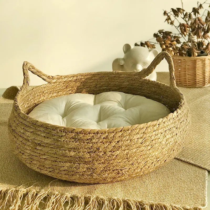 OUZEY Rattan Weaving Cat Basket Pet