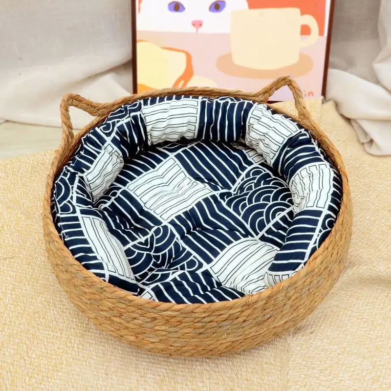 OUZEY Rattan Weaving Cat Basket Pet