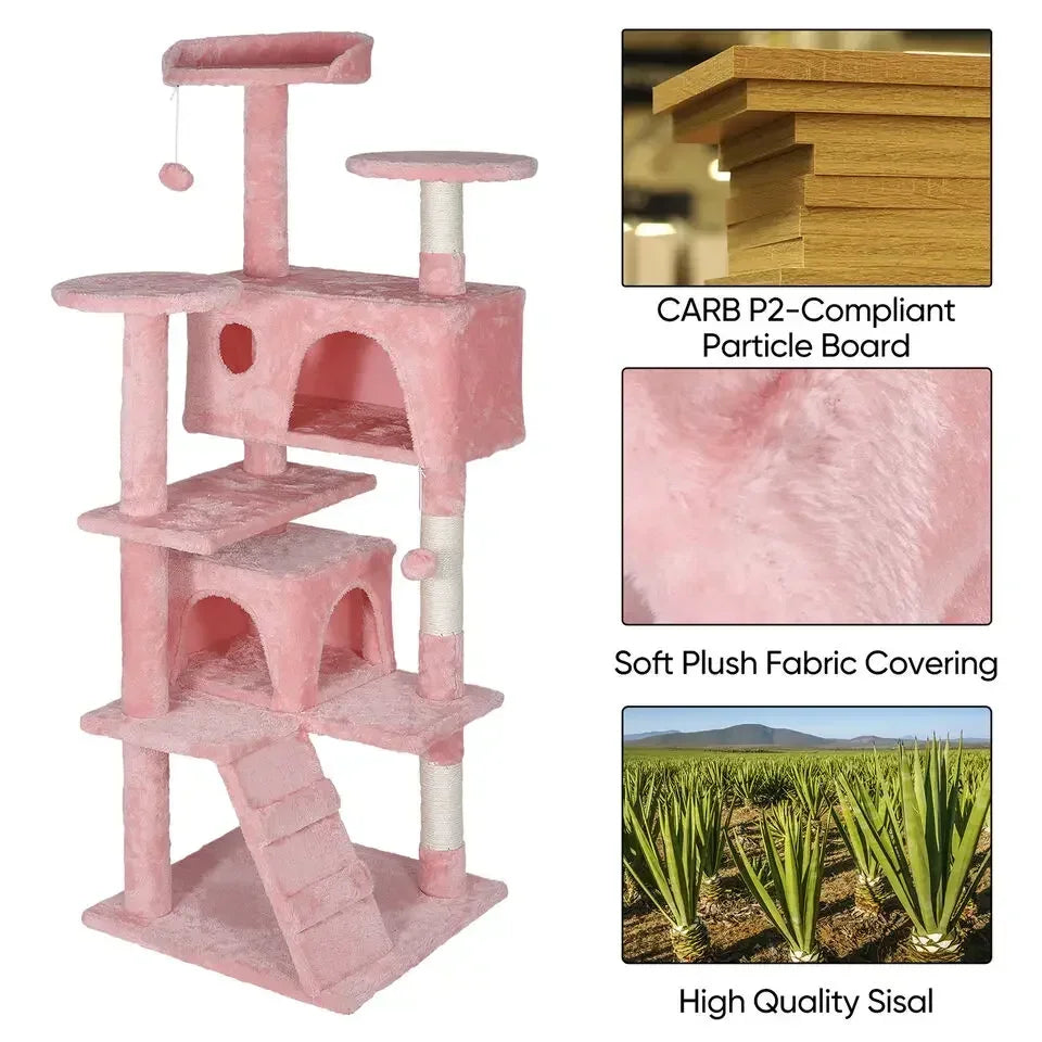 For 55'' Kitty Cat Tree Pink Cat Condo Tower